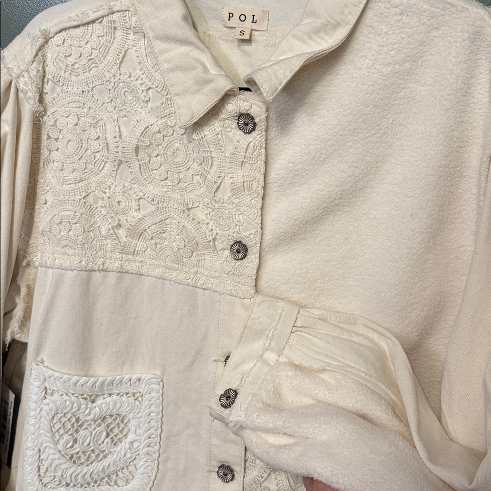 POL Cream Patchwork Button-Front Jean Jacket NWT - image 12